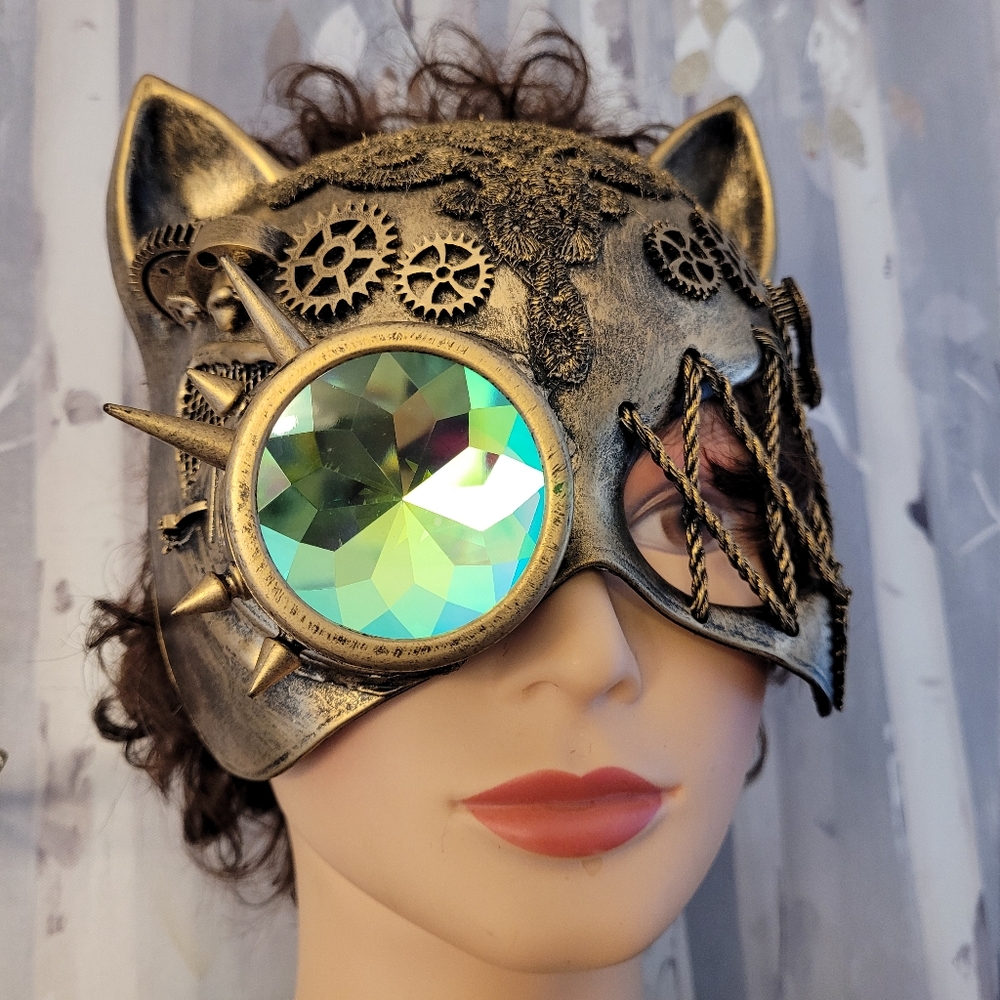 Cat Steampunk Mask Antiqued Gold-tone Lace, Spikes, & Gears Rainbow Kaleidescope - Picture 11 of 16